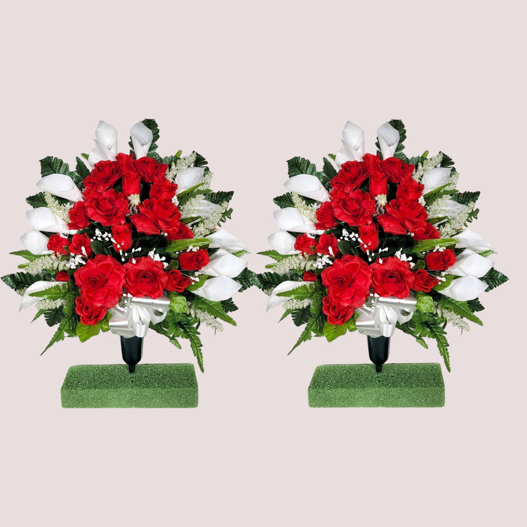 Red Rose and White Calla Lily Memorial Decorations: Includes 2 Jumbo Cemetery Cones