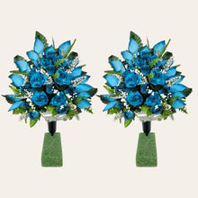 Load image into Gallery viewer, Turquoise Rose and Calla Lily Memorial Decorations: Includes 2 Jumbo Cemetery Cones
