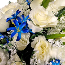 Load image into Gallery viewer, This cemetery cone has grave flowers including Cream Calla Lily and Roses with Blue Filler. It is a perfect funeral or memorial decoration.
