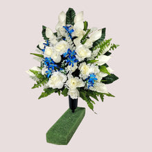 Load image into Gallery viewer, This cemetery cone has grave flowers including Cream Calla Lily and Roses with Blue Filler. It is a perfect funeral or memorial decoration.
