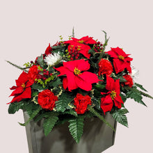 Load image into Gallery viewer, This Headstone Saddle is made with grave flowers including Red and White Poinsettia. It is a perfect winter memorial decoration.
