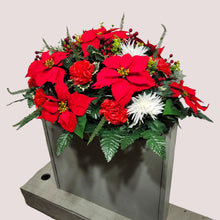 Load image into Gallery viewer, This Headstone Saddle is made with grave flowers including Red and White Poinsettia. It is a perfect winter memorial decoration.
