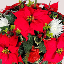 Load image into Gallery viewer, This Headstone Saddle is made with grave flowers including Red and White Poinsettia. It is a perfect winter memorial decoration.
