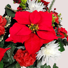 Load image into Gallery viewer, This Headstone Saddle is made with grave flowers including Red and White Poinsettia. It is a perfect winter memorial decoration.
