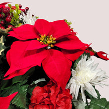 Load image into Gallery viewer, This Headstone Saddle is made with grave flowers including Red and White Poinsettia. It is a perfect winter memorial decoration.
