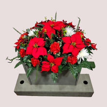 Load image into Gallery viewer, This Headstone Saddle is made with grave flowers including Red and White Poinsettia. It is a perfect winter memorial decoration.
