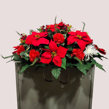 Load image into Gallery viewer, This Headstone Saddle is made with grave flowers including Red and White Poinsettia. It is a perfect winter memorial decoration.
