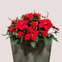 Load image into Gallery viewer, This Headstone Saddle is made with grave flowers including Red and White Poinsettia. It is a perfect winter memorial decoration.
