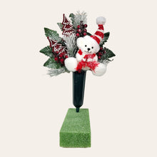 Load image into Gallery viewer, This Christmas memorial cone pair comes with a cute bear, red berries, and red glitter trees. This is cemetery 2 arrangements.
