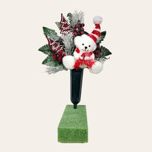 Load image into Gallery viewer, This Christmas memorial cone comes with a cute bear, red berries, and red glitter trees. It is a perfect cemetery decoration.
