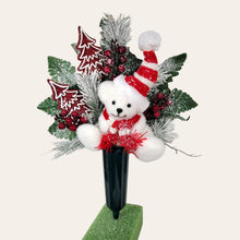 Load image into Gallery viewer, This Christmas memorial cone pair comes with a cute bear, red berries, and red glitter trees. This is cemetery 2 arrangements.
