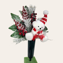 Load image into Gallery viewer, This Christmas memorial cone pair comes with a cute bear, red berries, and red glitter trees. This is cemetery 2 arrangements.
