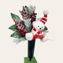 Load image into Gallery viewer, This Christmas memorial cone comes with a cute bear, red berries, and red glitter trees. It is a perfect cemetery decoration.
