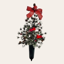 Load image into Gallery viewer, This cemetery cone has a medium Christmas Tree with snow, pinecones, cardinals, and berries. It's perfect for a winter memorial decoration.
