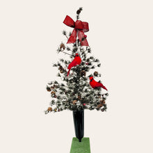Load image into Gallery viewer, This cemetery cone has a large Christmas Tree with snow, pinecones, cardinals, and berries. It's perfect for a winter memorial decoration.
