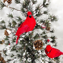 Load image into Gallery viewer, This cemetery cone has a large Christmas Tree with snow, pinecones, cardinals, and berries. It's perfect for a winter memorial decoration.
