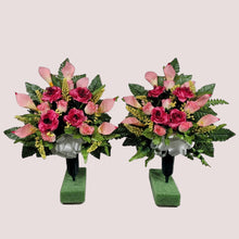 Load image into Gallery viewer, Beauty Pink Rose &amp; Calla Lily Memorial Decoration set: includes 1 headstone saddle &amp; 2 cemetery cones
