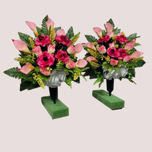 Load image into Gallery viewer, Beauty Pink Rose and Calla Lily Memorial Decoration Set: includes 2 cemetery cones
