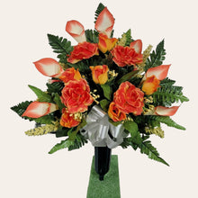 Load image into Gallery viewer, Orange Calla Lily and Rose Cemetery Cone Memorial Decoration
