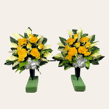 Load image into Gallery viewer, Yellow Rose and Calla Lily Memorial Decorations: Includes 2 Cemetery Cones
