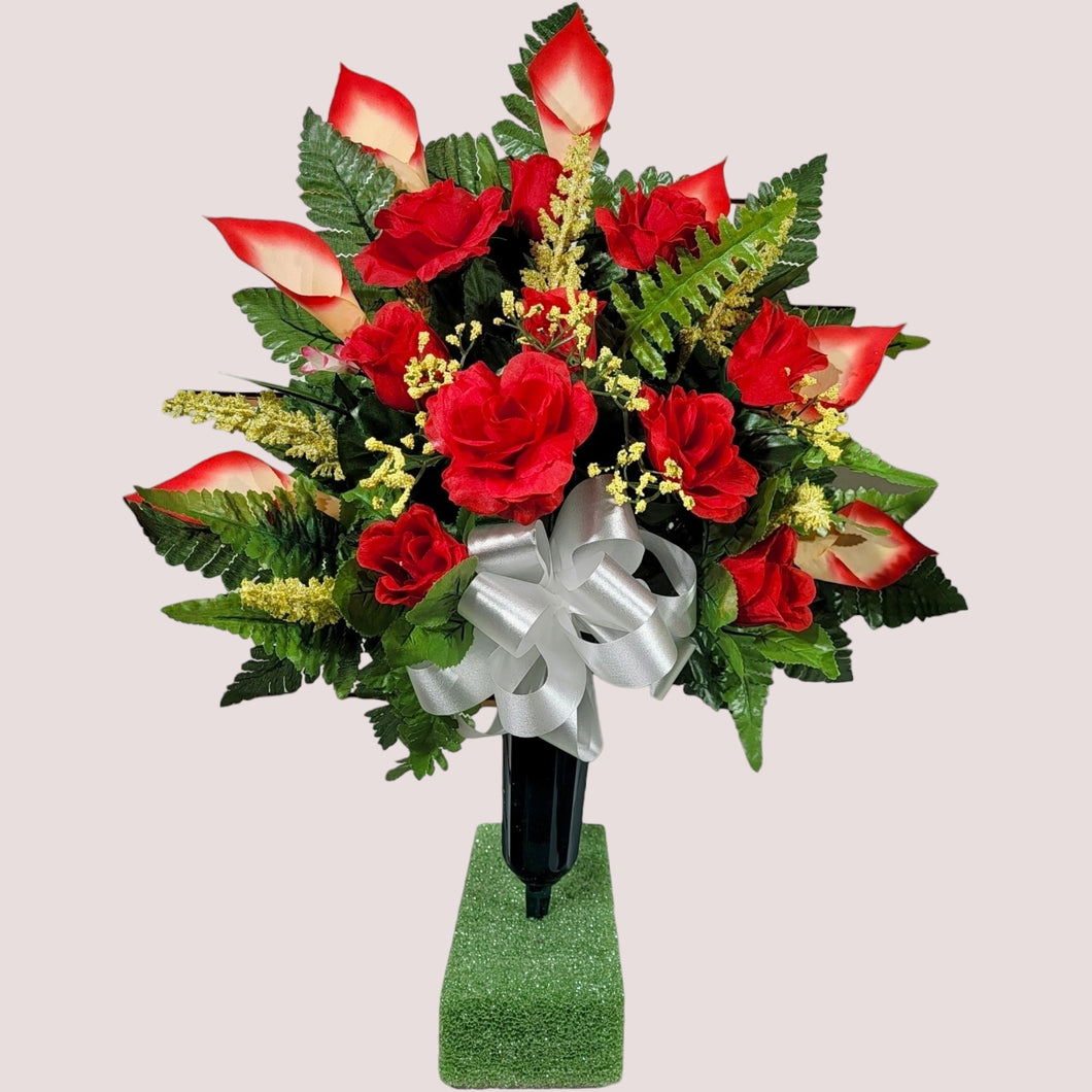 Red Rose and Calla Lily Cemetery Cone Memorial Decoration