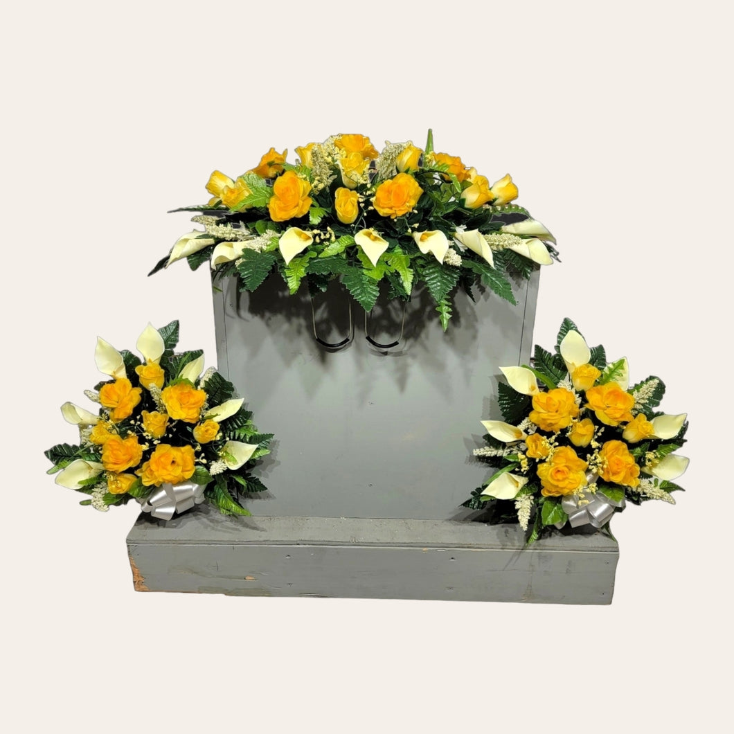 Yellow Rose & Calla Lily Memorial Decoration set: includes 1 headstone saddle & 2 cemetery cones