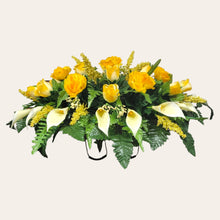 Load image into Gallery viewer, Yellow Rose &amp; Calla Lily Memorial Decoration set: includes 1 headstone saddle &amp; 2 cemetery cones
