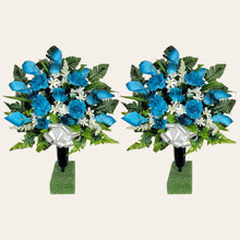 Load image into Gallery viewer, Turquoise Rose and Calla Lily Memorial Decorations: Includes 2 Cemetery Cones
