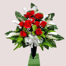 Load image into Gallery viewer, Red Rose and White Calla Lily Memorial Decoration: Includes 2 Cemetery Cones
