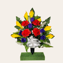 Load image into Gallery viewer, Red Yellow and Purple Rose &amp; Calla Lily Memorial Decoration set: includes 1 headstone saddle &amp; 1 cemetery cone

