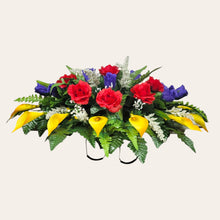 Load image into Gallery viewer, Red Yellow and Purple Rose &amp; Calla Lily Memorial Decoration set: includes 1 headstone saddle &amp; 1 cemetery cone
