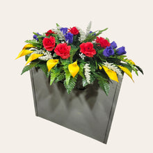 Load image into Gallery viewer, Red Yellow and Purple Rose &amp; Calla Lily Memorial Decoration set: includes 1 headstone saddle &amp; 1 cemetery cone
