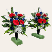 Load image into Gallery viewer, Red White and Blue Rose and Calla Lily Memorial Decorations: Includes 2 Cemetery Cones
