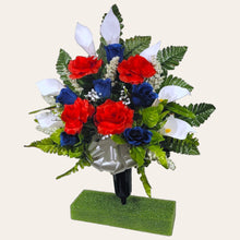 Load image into Gallery viewer, Red White and Blue Rose and Calla Lily Memorial Decorations: Includes 2 Cemetery Cones
