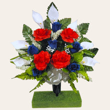 Load image into Gallery viewer, Red White and Blue Rose and Calla Lily Cemetery Cone Memorial Decoration
