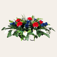 Load image into Gallery viewer, Red White and Blue Rose and Calla Lily Headstone Saddle Memorial Decoration
