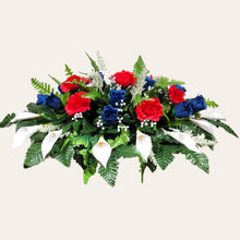 Load image into Gallery viewer, Red White and Blue Rose and Calla Lily Headstone Saddle Memorial Decoration
