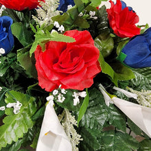 Load image into Gallery viewer, Red White and Blue Rose and Calla Lily Headstone Saddle Memorial Decoration
