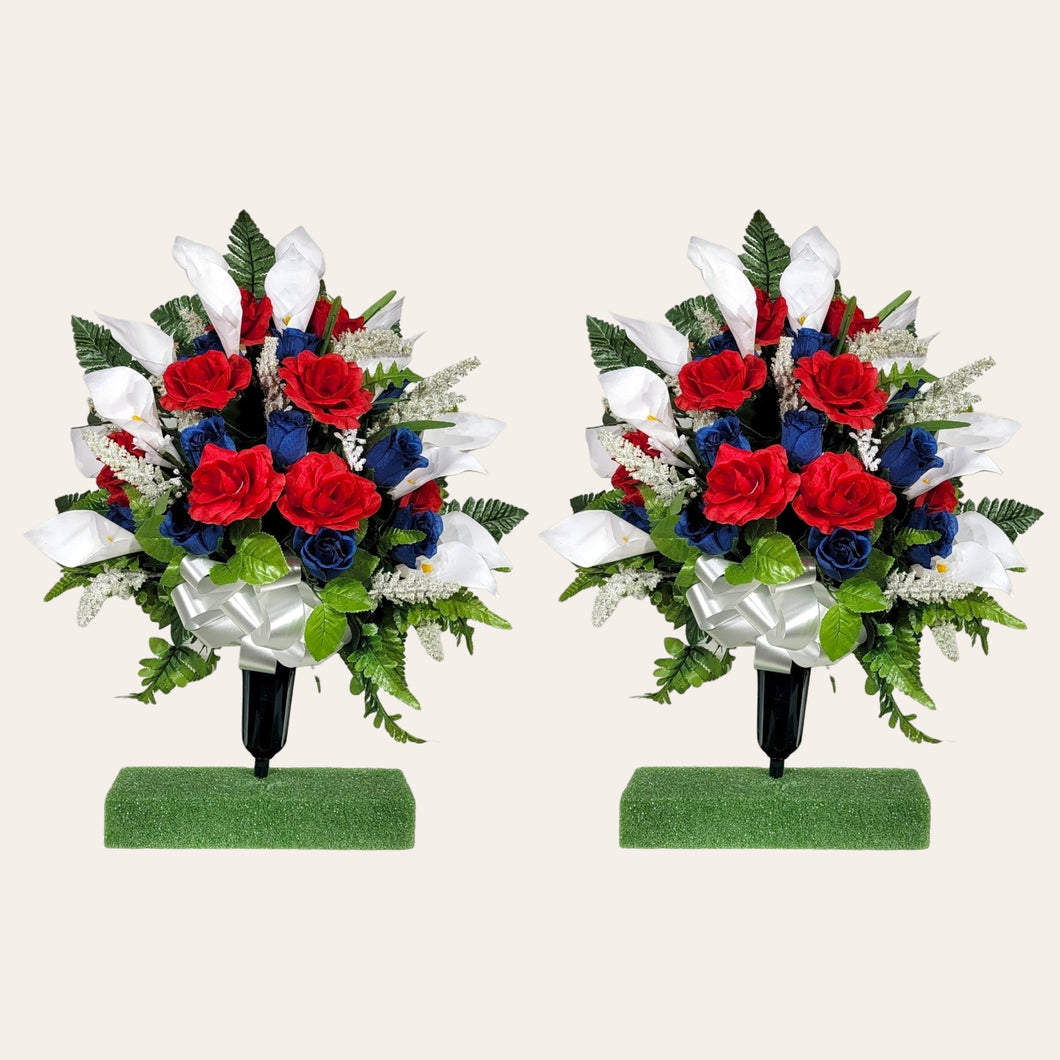 Red White and Blue Rose and Calla Lily Memorial Decoration: Includes 2 Cemetery Cones