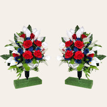 Load image into Gallery viewer, Red White and Blue Rose and Calla Lily Memorial Decoration: Includes 2 Cemetery Cones
