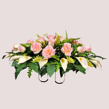 Load image into Gallery viewer, Cream Pink Rose and Calla Lily Headstone Saddle Memorial Decoration
