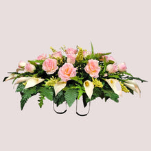 Load image into Gallery viewer, Cream Pink Rose &amp; Calla Lily Memorial Decoration set: includes 1 headstone saddle &amp; 2 cemetery cones
