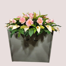 Load image into Gallery viewer, Cream Pink Rose &amp; Calla Lily Memorial Decoration set: includes 1 headstone saddle &amp; 2 cemetery cones
