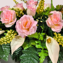 Load image into Gallery viewer, Cream Pink Rose &amp; Calla Lily Memorial Decoration set: includes 1 headstone saddle &amp; 2 cemetery cones
