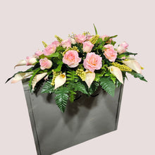 Load image into Gallery viewer, Cream Pink Rose &amp; Calla Lily Memorial Decoration set: includes 1 headstone saddle &amp; 2 cemetery cones
