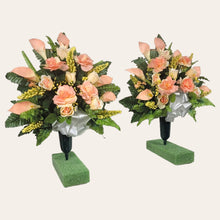 Load image into Gallery viewer, Peach Rose and Calla Lily Memorial Decorations: Includes 2 Cemetery Cones
