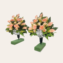 Load image into Gallery viewer, Peach Rose and Calla Lily Memorial Decorations: Includes 2 Cemetery Cones
