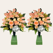 Load image into Gallery viewer, Peach Rose and Calla Lily Memorial Decorations: Includes 2 Jumbo Cemetery Cones
