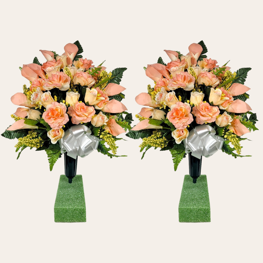 Peach Rose and Calla Lily Memorial Decorations: Includes 2 Jumbo Cemetery Cones