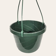 Load image into Gallery viewer, This is a set of 6 8" green plastic hanging baskets with a removable handle.
